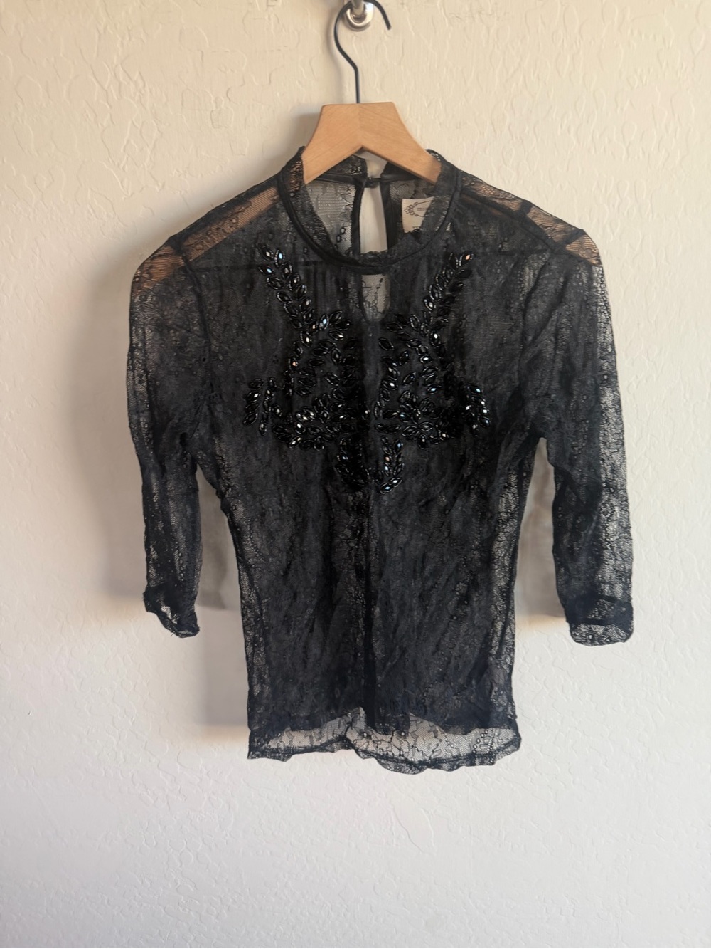 Sheer Black Lace Beaded Long Sleeve Top Size S Floral Embellished Whimsical Y2K